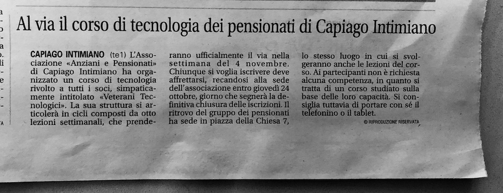 Articolo sul Giornale di Cantù riportante il corso Veterani Tecnologici